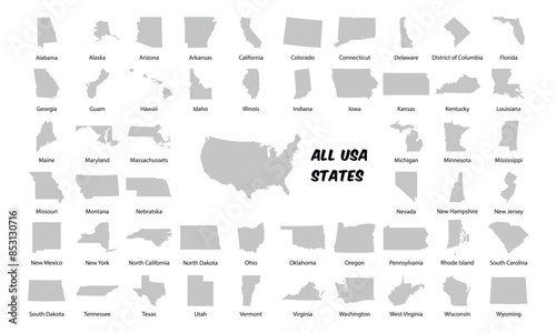 All USA States Vector Map Silhouettes with Names - Including Hawaii, Alaska, and District of Columbia photo