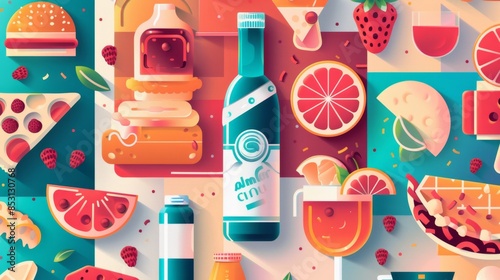 Vibrant Fact Sheet Design with Food and Drink Icons on Gradient Background photo