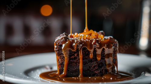 A  decadent chocolate dessert, drizzled with caramel sauce. photo