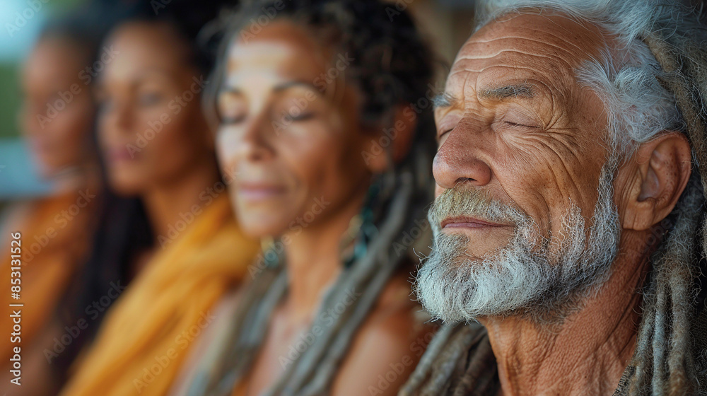 Fototapeta premium Close up portrait of old gray-haired senior man with beard practicing yoga outdoors, meditating and praying