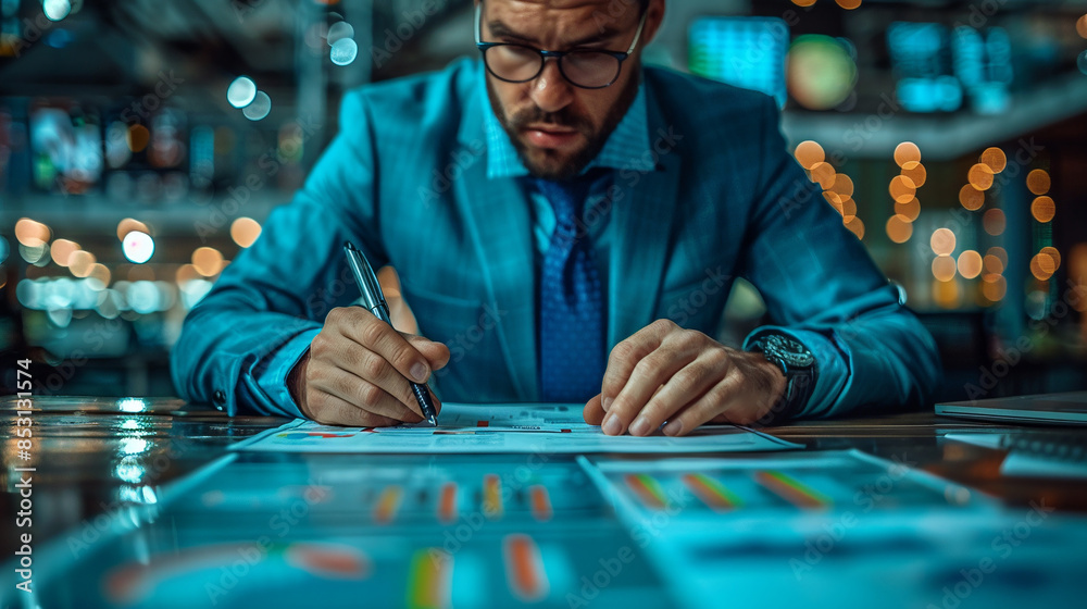 A businessman sits at a table and looks at the charts. A businessman sits at a table and looks at the charts.