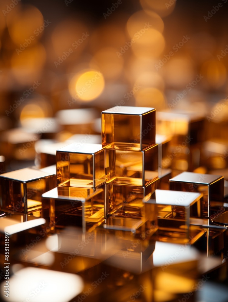 golden cubes on a shiny surface with bokeh effect golden cubes on a shiny surface with bokeh effect