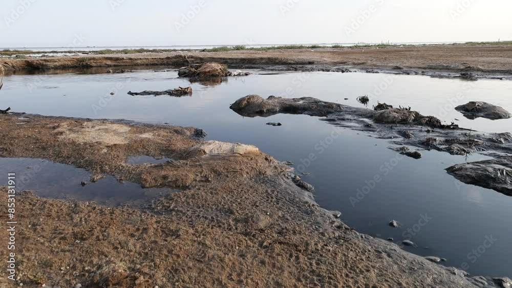 Remains of polyethylene garbage lie on the polluted shore Remains of polyethylene garbage lie on the polluted shore