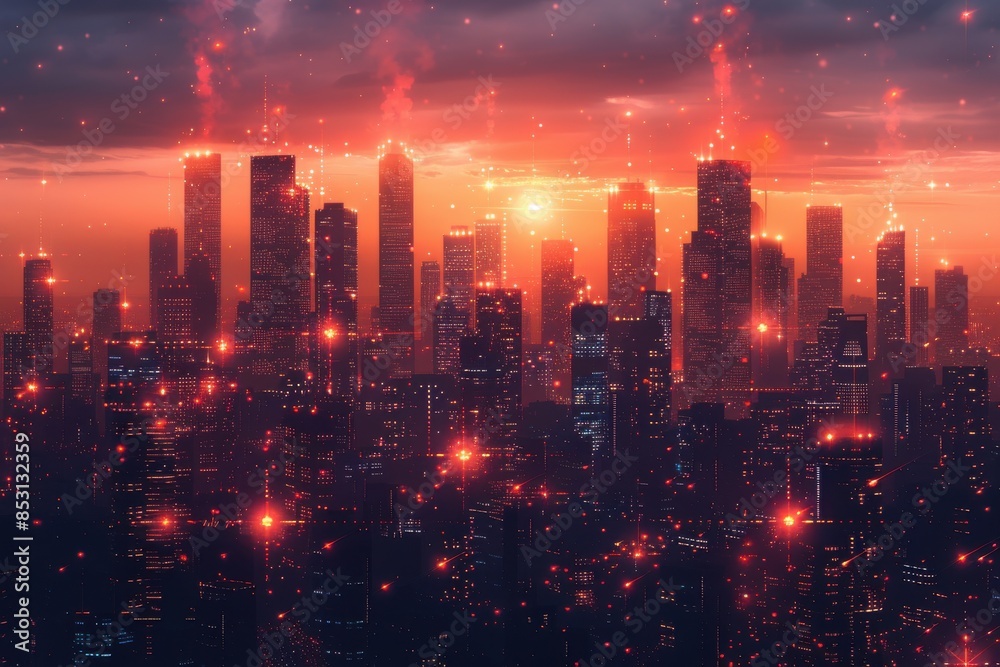 Fototapeta premium Cityscape at Sunset with Red Sky and Sparkling Lights.