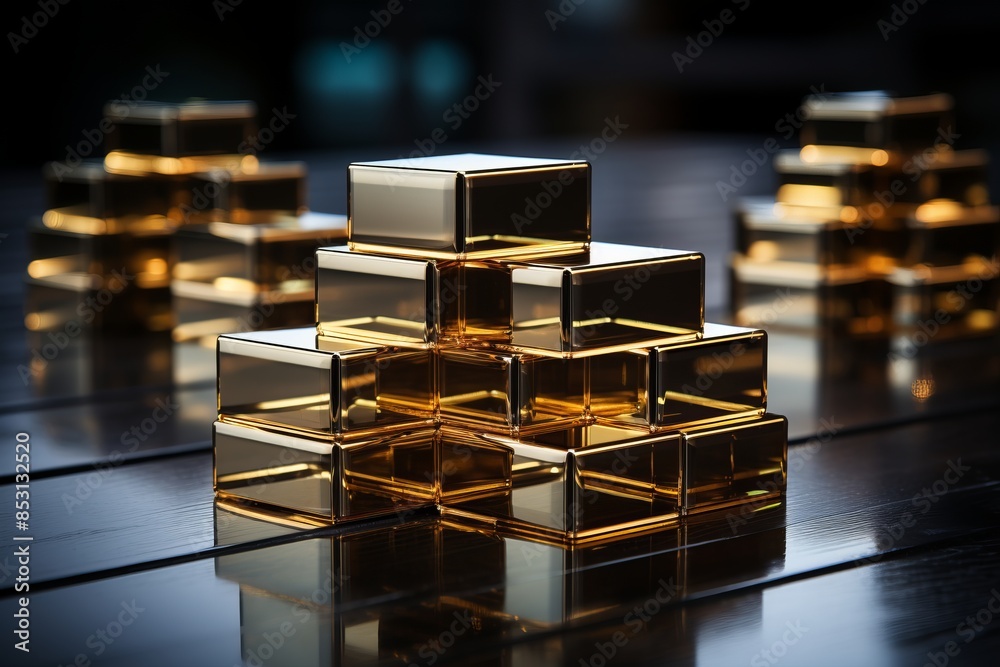 golden cubes stacked on top of each other on a table golden cubes stacked on top of each other on a table