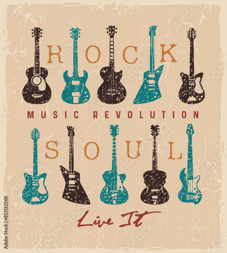 Vector illustration of a group of stylized guitars with lettering composition. Editable art in rustic lines for prints on t-shirts, posters, etc.