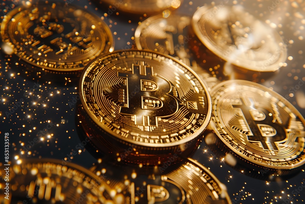 Bitcoins with sparkling light effects on black background. Cryptocurrency and modern blockchain technology. Electronic decentralized money concept. Digital crypto coin Bitcoins with sparkling light effects on black background. Cryptocurrency and modern blockchain technology. Electronic decentralized money concept. Digital crypto coin