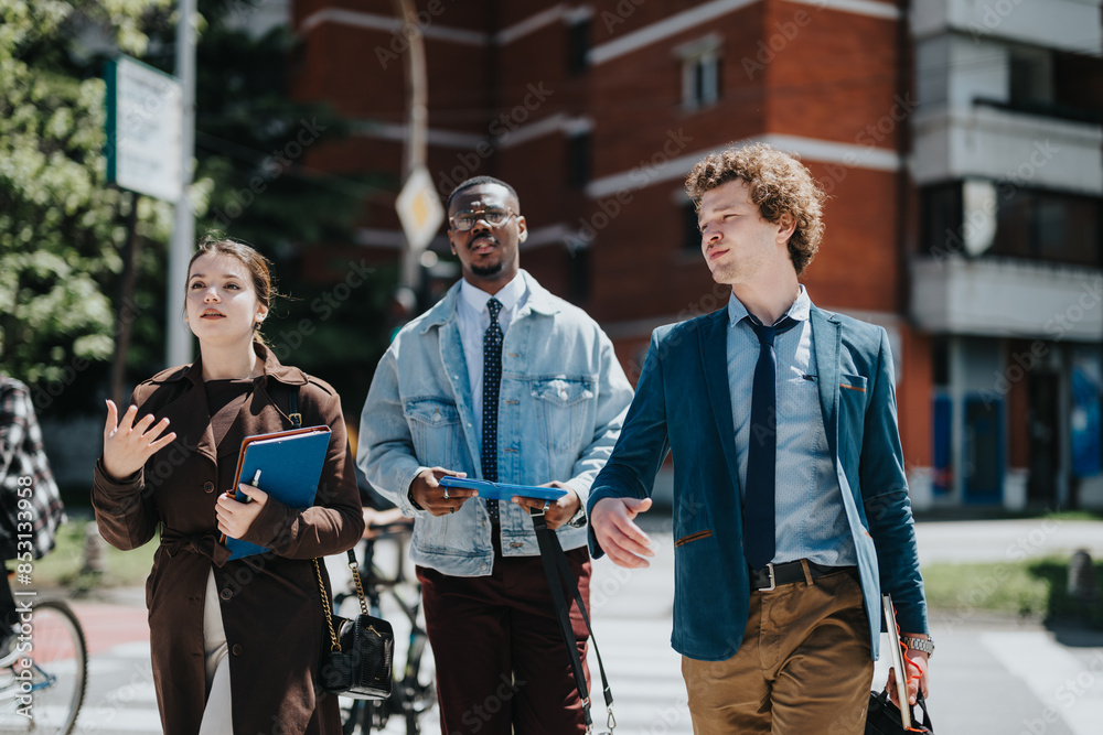 Three professionals engaged in a serious brainstorming session outside an urban building. The multicultural team exemplifies teamwork and cooperation. Three professionals engaged in a serious brainstorming session outside an urban building. The multicultural team exemplifies teamwork and cooperation.