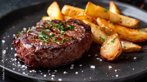 A juicy, slightly pink steak with crispy fries on a stylish black plate against a dark background