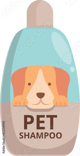 Cartoon illustration of a cute beagle peeking out of a pet shampoo bottle, perfect for pet product marketing and pet care visuals