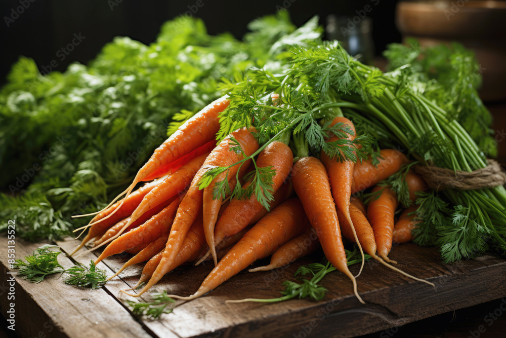pile of fresh carrots with green tops on wooden surface. pile of fresh carrots with green tops on wooden surface.
