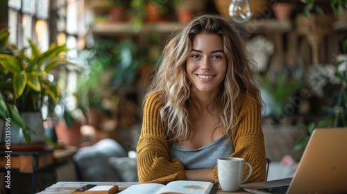 Entspannte junge Frau im Home Office mit Laptop und Kaffeetasse in einem gemütlichen, pflanzenreichen Raum – Modernes Arbeiten von zu Hause mit natürlicher Beleuchtung und inspirierender Atmosphäre