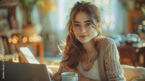 Entspannte junge Frau im Home Office mit Laptop und Kaffeetasse in einem gemütlichen, pflanzenreichen Raum – Modernes Arbeiten von zu Hause mit natürlicher Beleuchtung und inspirierender Atmosphäre