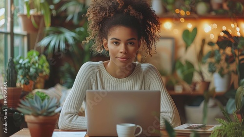 Entspannte junge Frau im Home Office mit Laptop und Kaffeetasse in einem gemütlichen, pflanzenreichen Raum – Modernes Arbeiten von zu Hause mit natürlicher Beleuchtung und inspirierender Atmosphäre