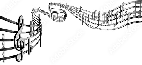 Musical notes on winding lines in black and white vintage engraving style isolated on white. Vector illustration 