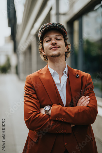 Slika na platnu Confident young businessman wearing an orange suit and cap, standing outdoors with arms crossed, looking self-assured and professional