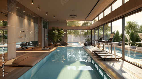 Gym with spa swimming pool in interior modern house. Serene partial contemporary style