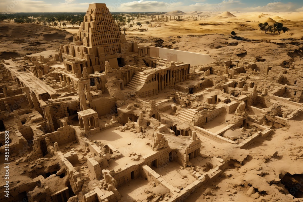 Obraz premium Ancient ruins in a desert setting with pyramid structures and historical architecture, showcasing human civilization's history and heritage.