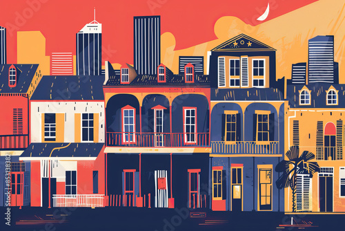 Risograph print travel poster illustration, New Orleans, Louisiana, modern, isolated, clear, simple. Artistic, stylistic, screen printing, stencil, stencilled, digital duplication. Banner, wallpaper