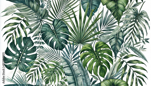 Botanical illustration. Tropical seamless pattern. Rainforest, jungle. Palm leaves, monstera, colocasia, banana. Hand drawing for the design of fabric, paper, wallpaper, and notebook covers