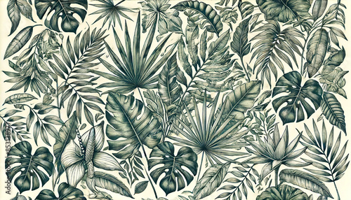 Botanical illustration. Tropical seamless pattern. Rainforest, jungle. Palm leaves, monstera, colocasia, banana. Hand drawing for the design of fabric, paper, wallpaper, and notebook covers