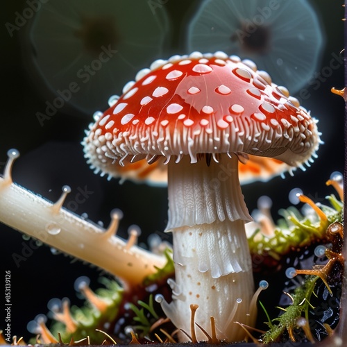 Mushroom with red cap, with drops of dew in the upper part immersed in green vegetation