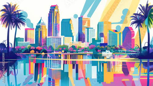 Risograph print travel poster illustration of Orlando, Florida, modern, isolated, clear and simple. Artistic, stylistic, screen printing, stencil, stencilled, digital duplication. Banner, wallpaper photo