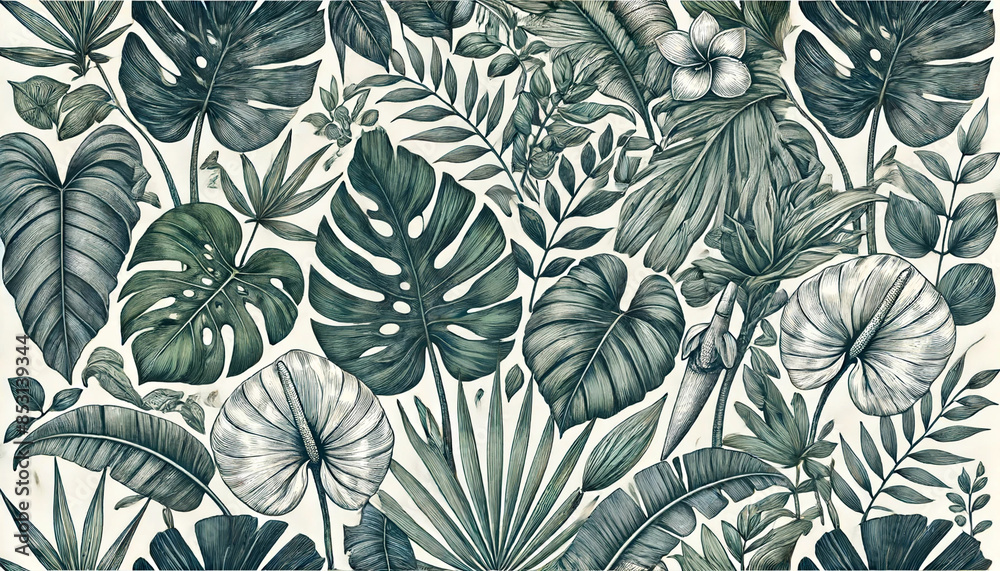 Fototapeta Botanical illustration. Tropical seamless pattern. Rainforest, jungle. Palm leaves, monstera, colocasia, banana. Hand drawing for the design of fabric, paper, wallpaper, and notebook covers