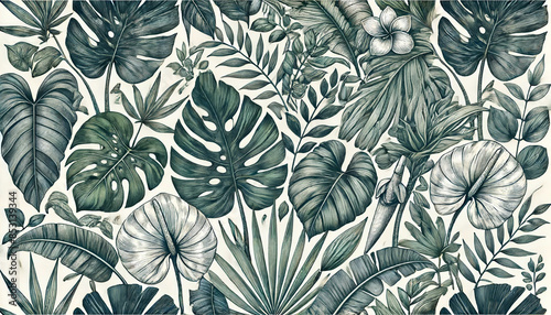Botanical illustration. Tropical seamless pattern. Rainforest, jungle. Palm leaves, monstera, colocasia, banana. Hand drawing for the design of fabric, paper, wallpaper, and notebook covers