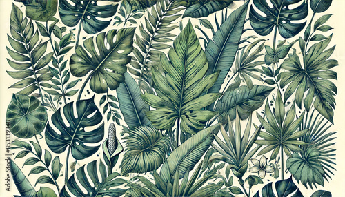 Botanical illustration. Tropical seamless pattern. Rainforest, jungle. Palm leaves, monstera, colocasia, banana. Hand drawing for the design of fabric, paper, wallpaper, and notebook covers