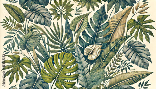 Botanical illustration. Tropical seamless pattern. Rainforest, jungle. Palm leaves, monstera, colocasia, banana. Hand drawing for the design of fabric, paper, wallpaper, and notebook covers