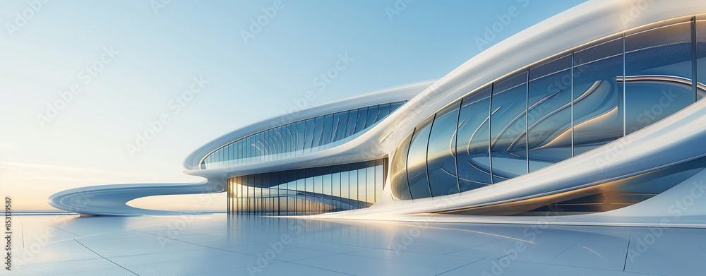 3D rendering, white curved architecture with glass windows and concrete floor, futuristic style 3D rendering, white curved architecture with glass windows and concrete floor, futuristic style