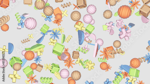 A Composition of a 3D Render of basics shapes floating throughout the frame against a light background.
