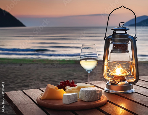 A glass of red wine, kerosene lamp, cheese, pastrami and grapes on the wooden table in the evening at the beach