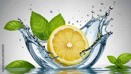 A hyperrealistic illustration of a lemon slice and mint leaves splashing into clear water, creating a vibrant and refreshing scene.