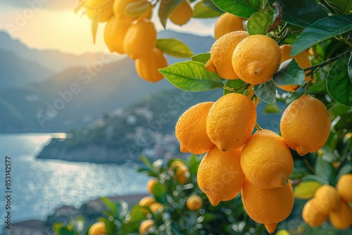 Beautiful coastal landscape framed with a lemon tree photo