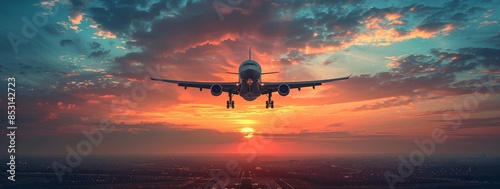 Flying airplane at sunrise,...