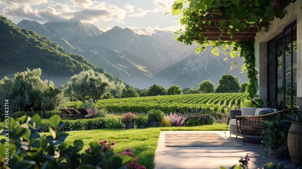 Fototapeta premium Scenic view of a vineyard with mountains in the background, cozy terrace with plants and furniture in the foreground, peaceful and serene landscape.