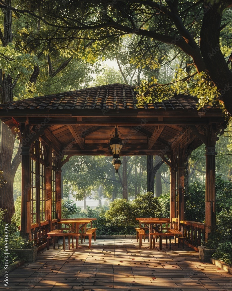 Obraz premium Serene wooden gazebo in a lush green garden, bathed in warm sunlight, ideal for relaxation and peaceful outdoor moments.