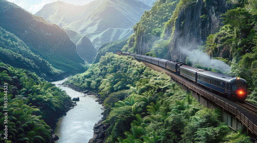Fototapeta premium High-speed travel reimagined: Train travel through the picturesque, lush landscapes of Asia. Selective focus.