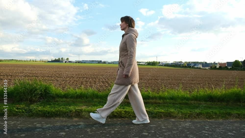 A woman walks along a country road, enjoying the fresh air and the peaceful scenery A woman walks along a country road, enjoying the fresh air and the peaceful scenery