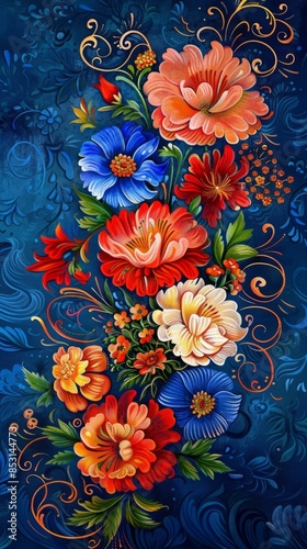 Vibrant Palekh style floral design on dark blue background, traditional decorative Russian ornament, detailed artwork