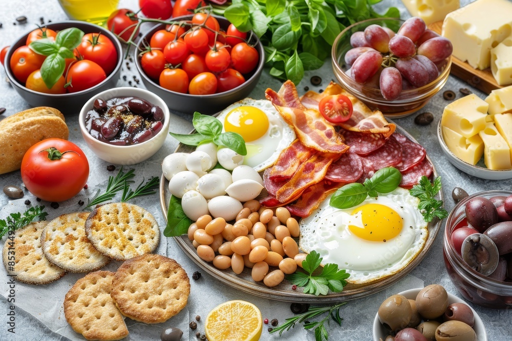 Traditional english breakfast with eggs, bacon, baked beans, and tomatoes classic morning meal Traditional english breakfast with eggs, bacon, baked beans, and tomatoes classic morning meal