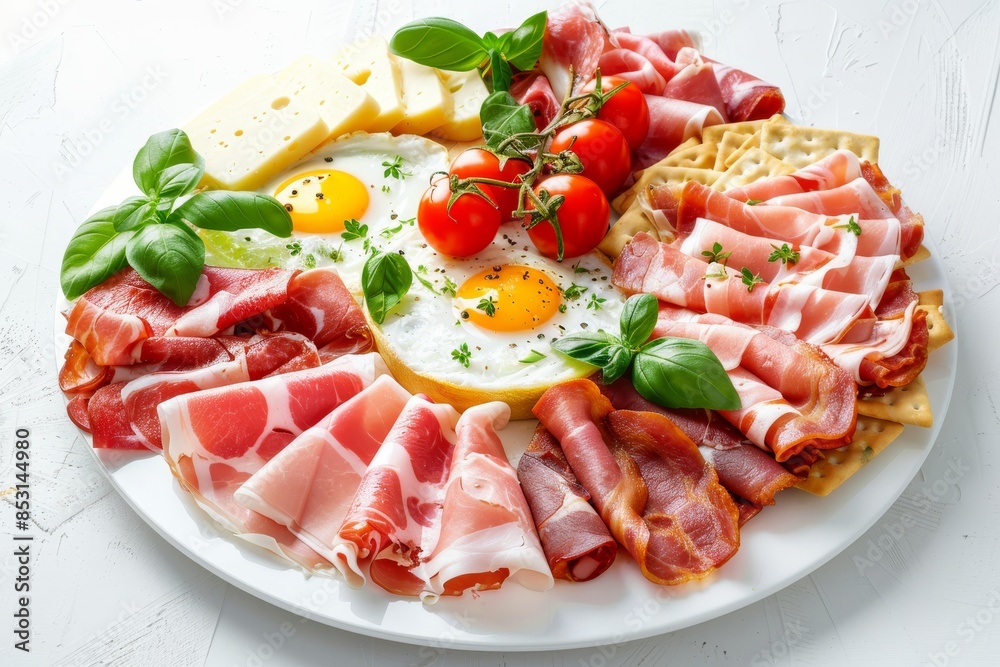 Traditional english breakfast with eggs, bacon, baked beans, and tomatoes classic morning meal Traditional english breakfast with eggs, bacon, baked beans, and tomatoes classic morning meal