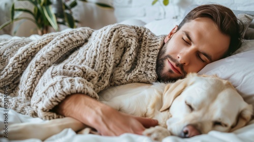 Person Relaxing in Bed With Dog