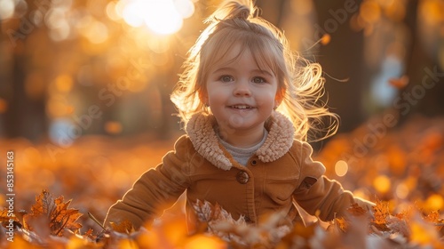 Pretty little girl resting in autumnal park, running and looking at camera. photo