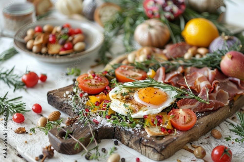 Traditional english breakfast with eggs, bacon, baked beans, and tomatoes classic morning meal Traditional english breakfast with eggs, bacon, baked beans, and tomatoes classic morning meal