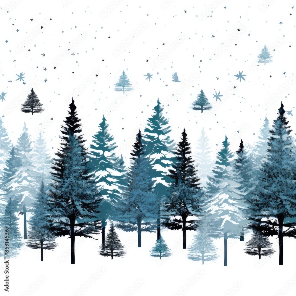 Obraz premium Snowy Pine Trees and Snowflakes on White Vector