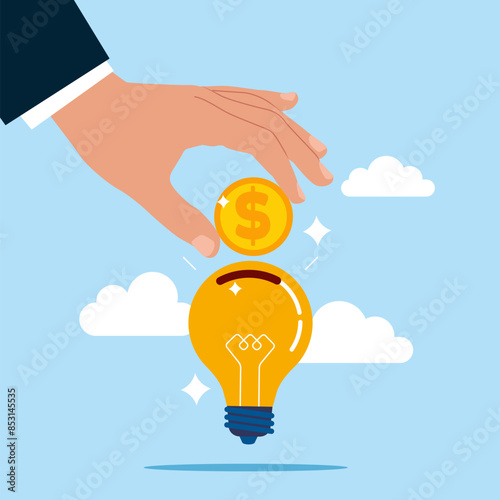 Human hand hold money coin put saving bank light bulb. Modern vector illustration in flat style. 