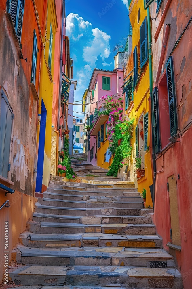 Fototapeta premium A set of stairs leading up between colorful buildings in a barrio residential neighborhood